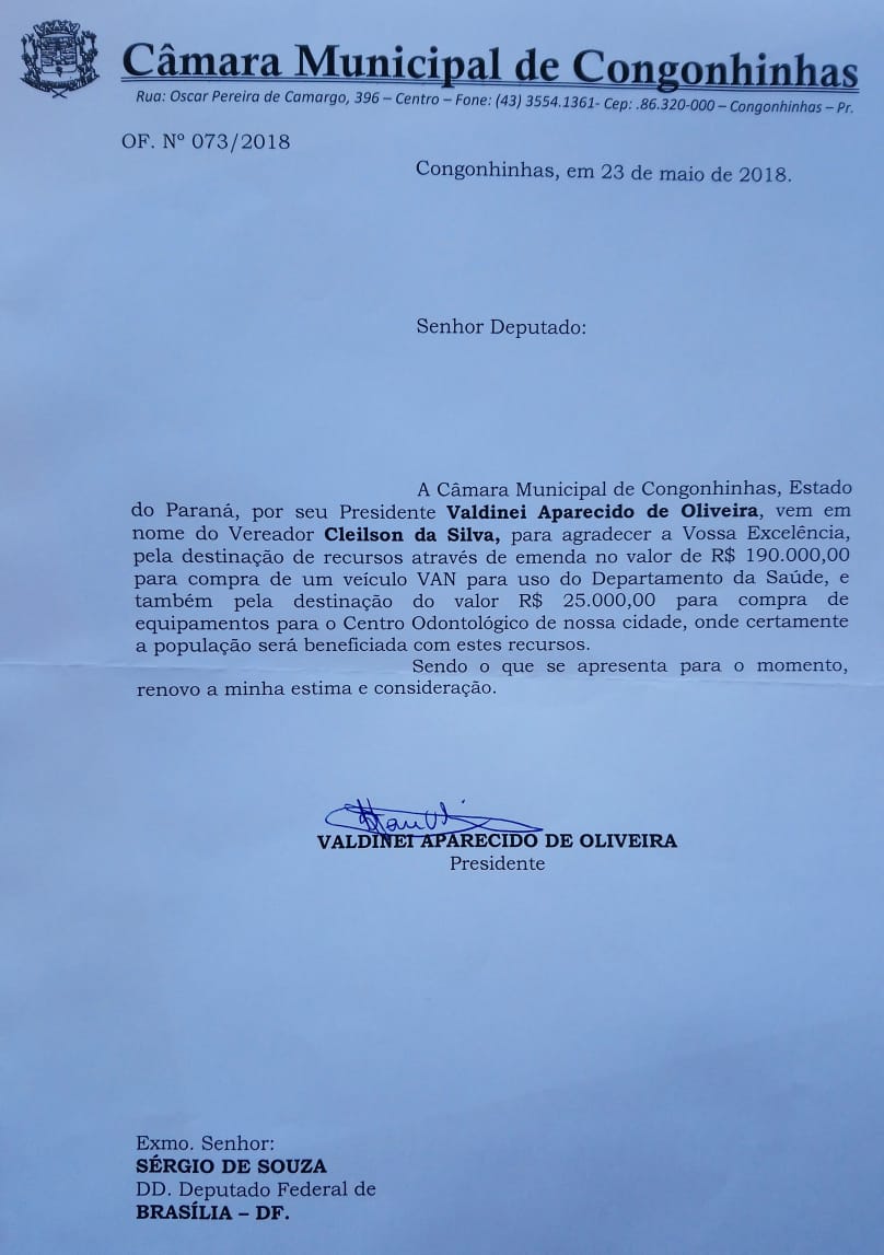 oficio congonhinhas - Ofício encaminhado ao deputado Sérgio Souza