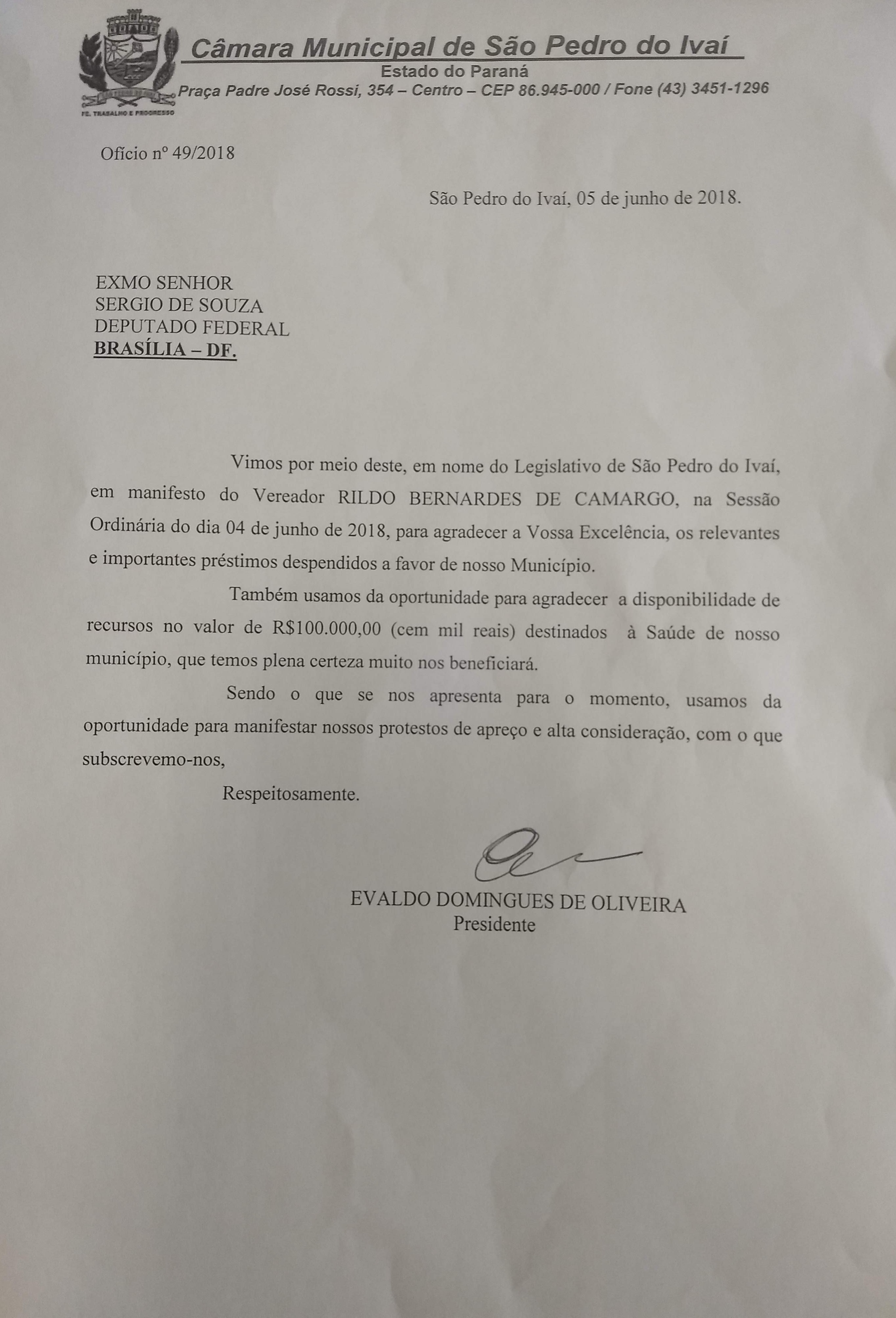 sao pedro do ivai - Ofício do Presidente da Câmara Municipal de São Pedro do Ivaí encaminhado ao deputado Sérgio Souza
