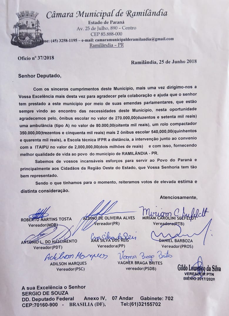 reconhecimento ramilandia sergio souza - Documento encaminhado ao deputado Sérgio Souza