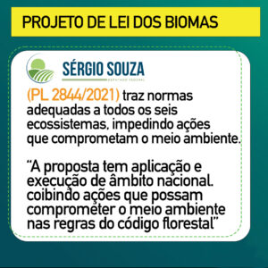 Projeto de Lei dos Biomas (PL 2844/2021) normas adequadas a todos os seis ecossistemas, impedindo ações que comprometam o meio ambiente.